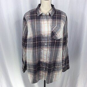 Faded Glory Top Womens Size 1X / 16W Gray Pink Plaid Long Sleeve Button Down